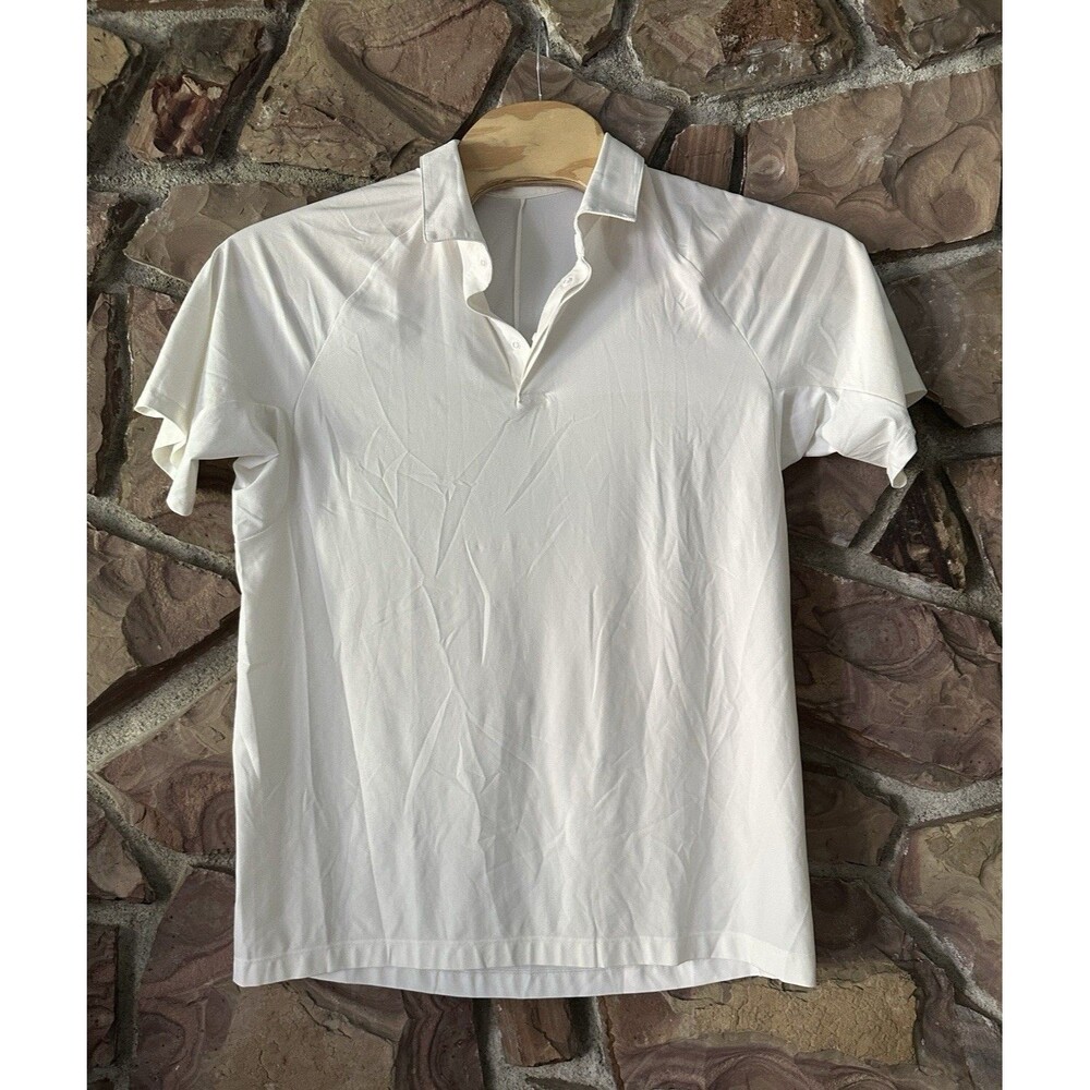 Lululemon Easy Shirt Mens  M  White Short Sleeve Performance Stretch 3/4  EUC